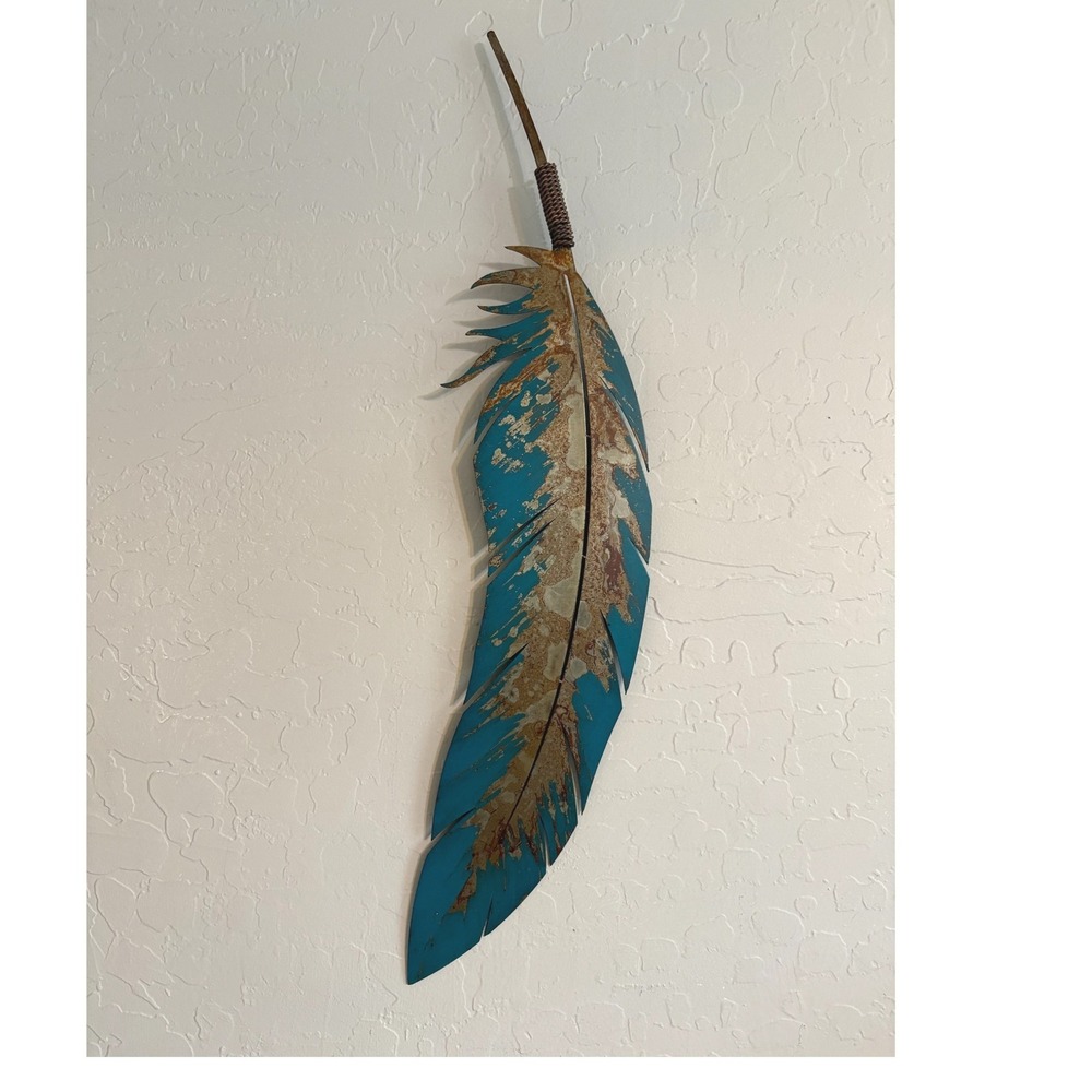 Rustic Turquoise Metal Feather Wall Art Southwestern Distressed Copper Decor 24"